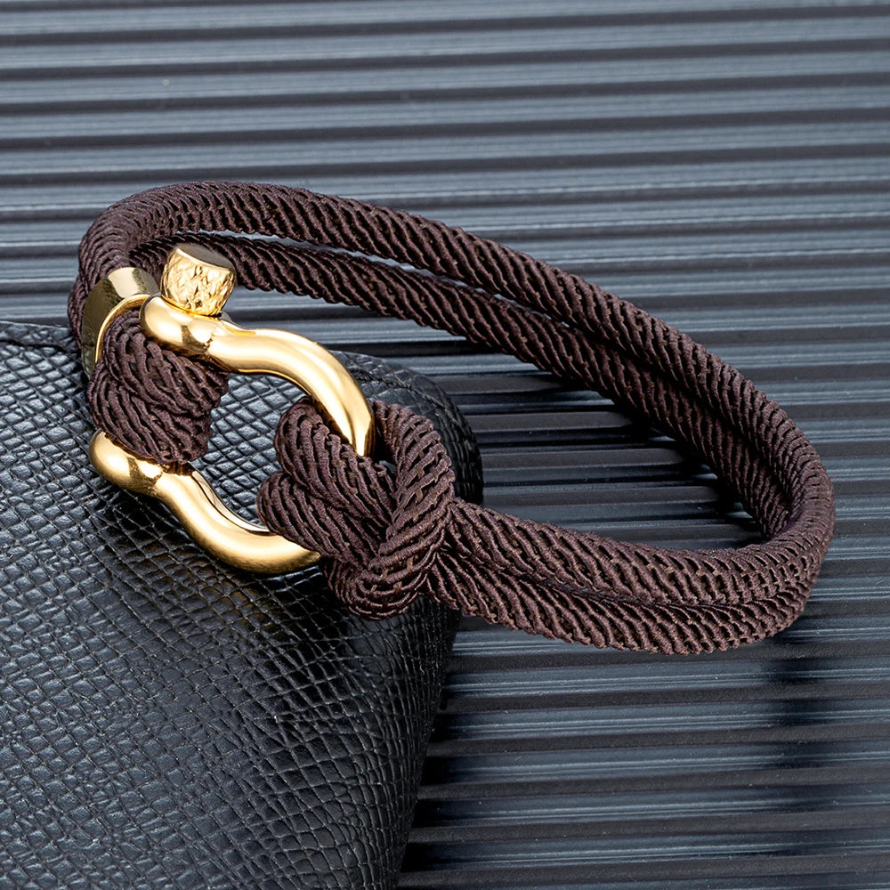 MKENDN Navy Style Braided Rope Bracelet Never Fade Stainless Steel Gold Color Horseshoe Clasp Bracelet for Men Women Couple Gift