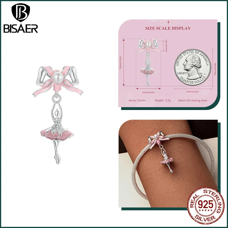 BISAER - Abalorio de plata de ley 925 con forma de oso de princesa y bailarina, cadena de seguridad con lazo para zapatos de color rosa, apto para pulseras de mujer DIY, joyería fina