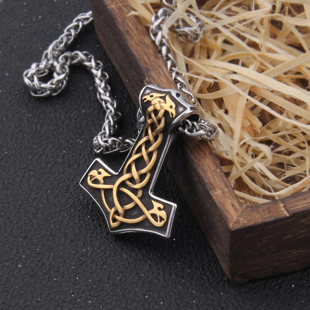 Fashion Valknut Viking Thor's Hammer Pendant Necklace With keel Chain As Men Gift with wooden box