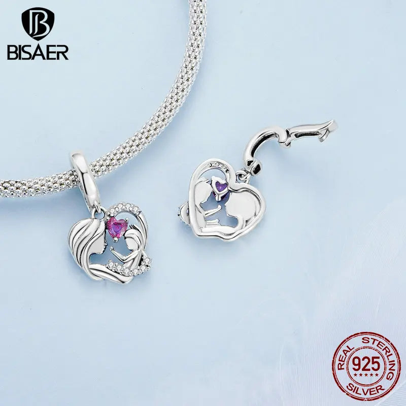 BISAER 925 Sterling Silver Pink Bear Charm Bead Hug Heart Mermaid Tail Pendant Fit Romantic Girl DIY Bracelet Fine Jewelry Party