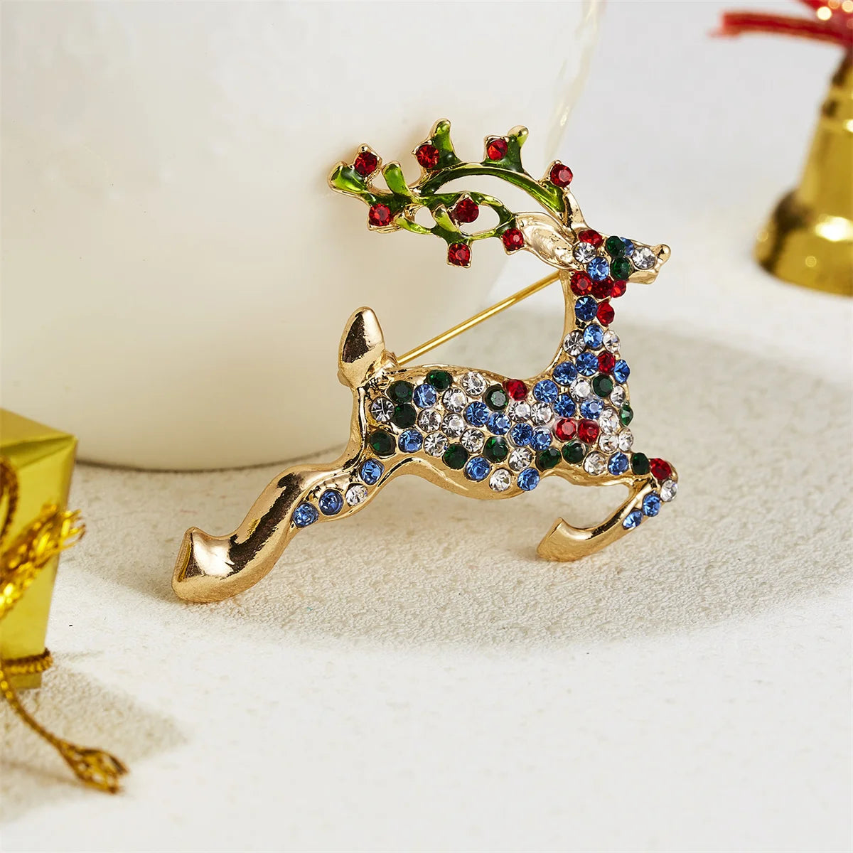 Rinhoo Cute Full Rhinestone Deer Brooches For Women New Year Decorative Imitation Pearl Animal Elk Lapel Pins Christmas Jewelry