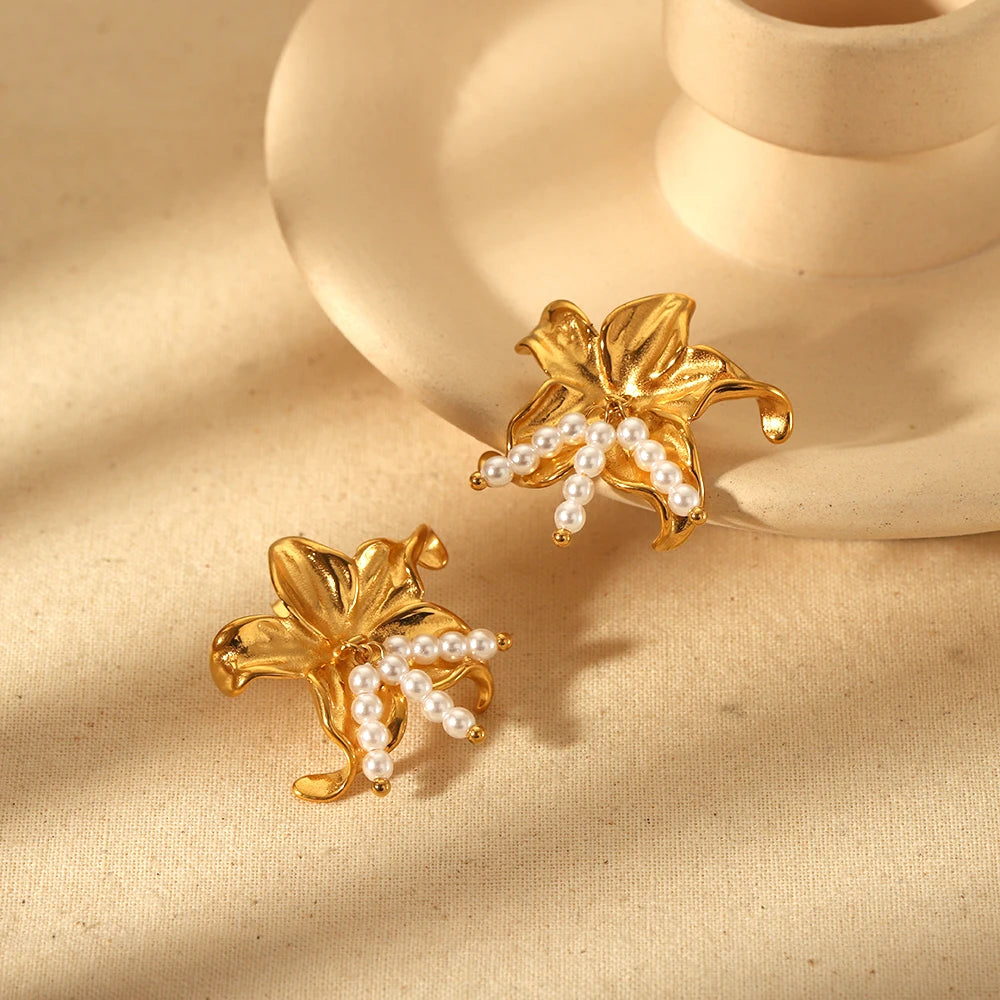 INS Trendy 18K Gold Plated Stainless Steel Stylish l Flower Big Statement Stud Earrings Metal Imitation Pearl Charm Jewelry Gift