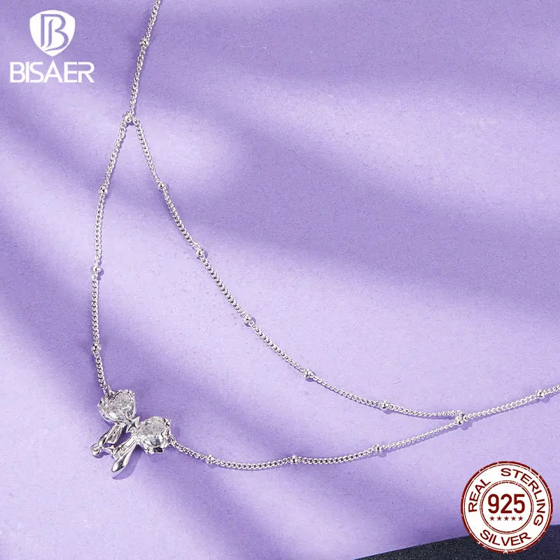 BISAER 925 Sterling Silver Dazzling Bowknot Pendant Necklace Adjustable Chain Plated White Gold for Woman Wedding Fine Jewelry