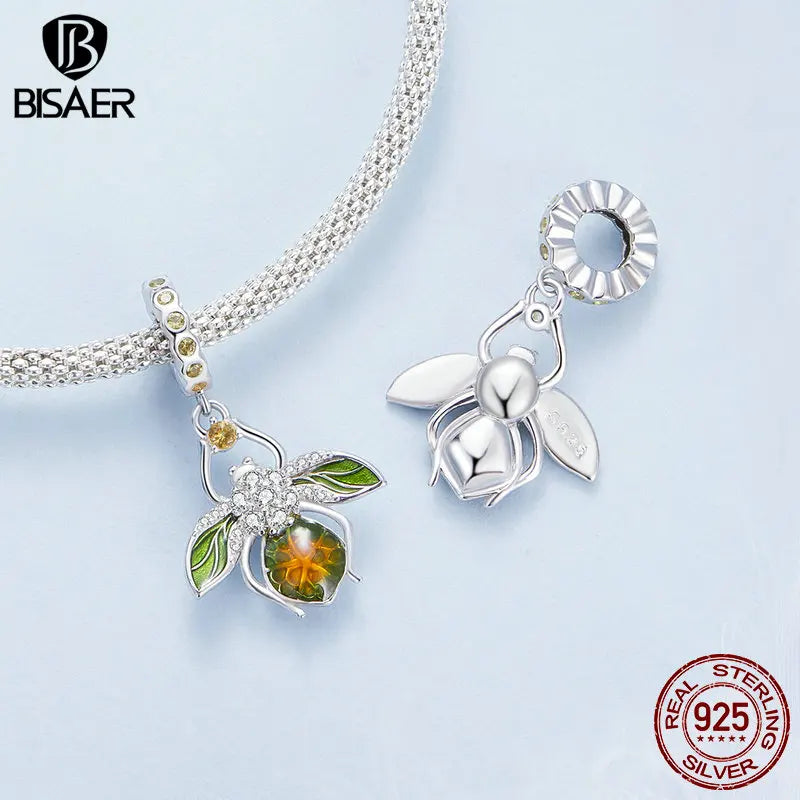 BISAER 100% 925 Sterling Vintage Leaf Charm Bead Heart-Shaped Butterfly Pendant Fit Women DIY Bracelet Fine Jewelry ECC2576