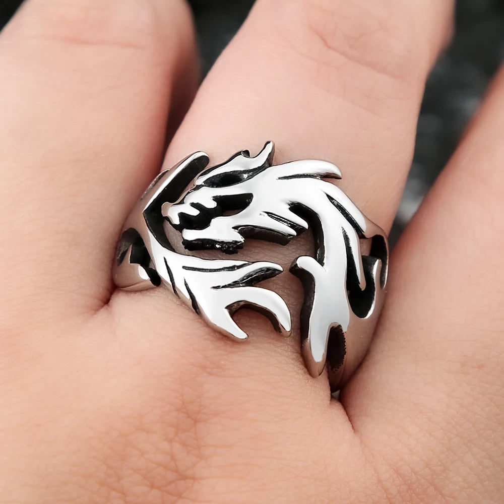 Fashion Punk Stainless Steel Fire Dragon Rings For Men Women Hip Hop Biker Vintage Vikings Animal Ring Amulet Jewelry Wholesale