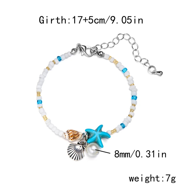 Bohemian Beach Blue Starfish Bracelet For Women Girls Summer Charm Shell Conch Beaded Adjustable Bracelet Friendship Jewelry