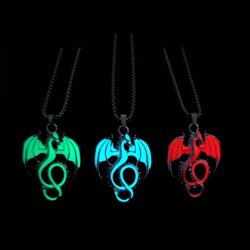 Hiphop Luminous Alloy Dragon Pendant Stainless Steel Chain Glowing Necklace Night Club Glow In The Dark Necklace for Halloween