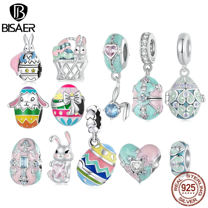 BISAER 100% 925 plata esterlina abalorio de Pascua lindo conejo huevo de la suerte colgante apto para mujeres pulsera DIY joyería fina regalo EFC997