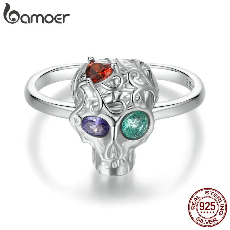 BAMOER Genuine 925 Sterling Silver Skull Open Ring for Women Halloween Retro Finger Ring Fine Jewelry Birthday Gift BSR607-E