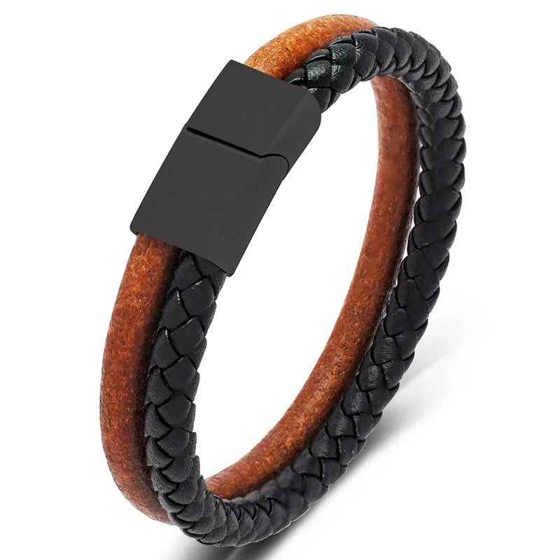 MKENDN Double Strand Original Cowhide Bracelet With Woven LeatherStainless Steel Magnet Buckle Accessories Handmade Gifts