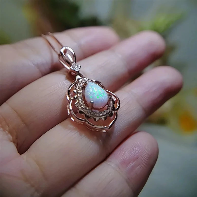 Fashion Big Water Drop White Opal Pendant Necklace For Women Luxury Rose Gold Color Crystal Flower Necklace Jewelry DropShipping