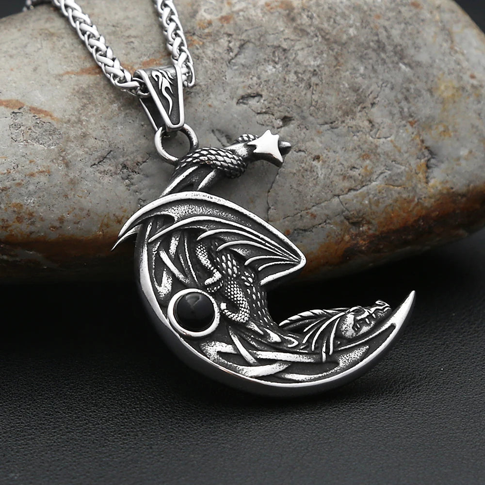 New Vintage Sleeping Dragon On Moon Pendant For Men Women Stainless Steel Natural Stones Necklace Fashion Party Jewelry Gifts