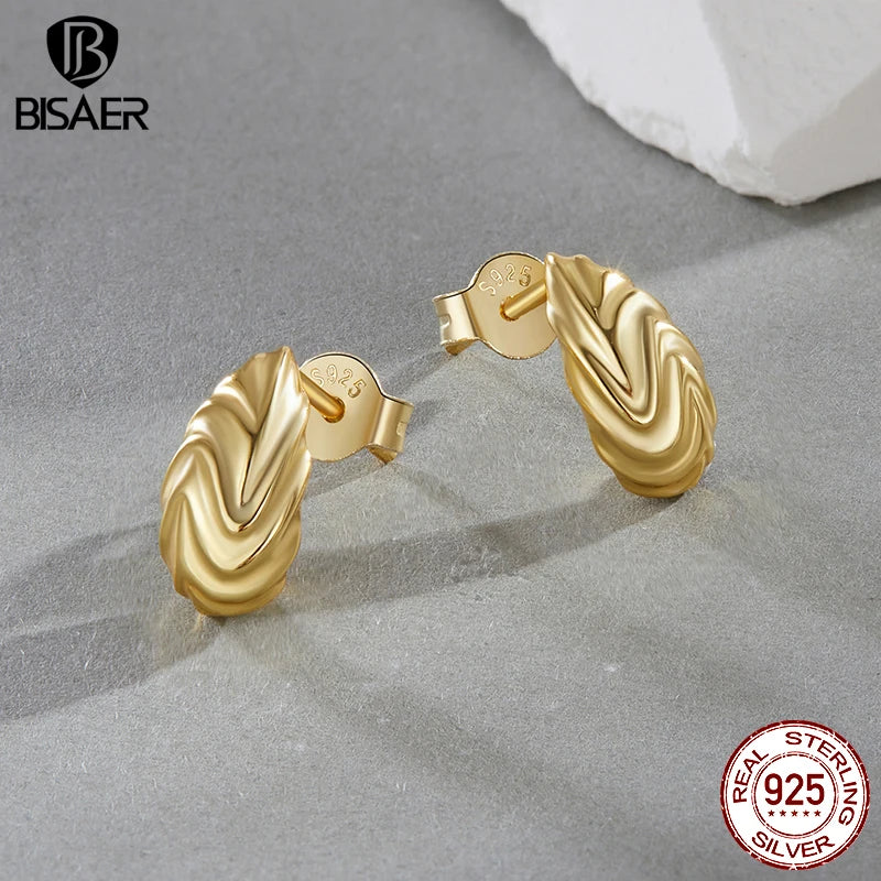 BISAER 925 Sterling Silver Texture Stud Earrings Metalness Hypoallergenic Earrings Plated 18K Gold for Women Party Fine Jewelry