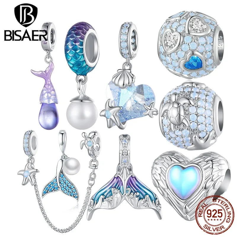 BISAER Real 925 Sterling Silver Underwater World Charm Bead Moonstone Pendant Plated Platinum Fit Women DIY Bracelet Jewelry