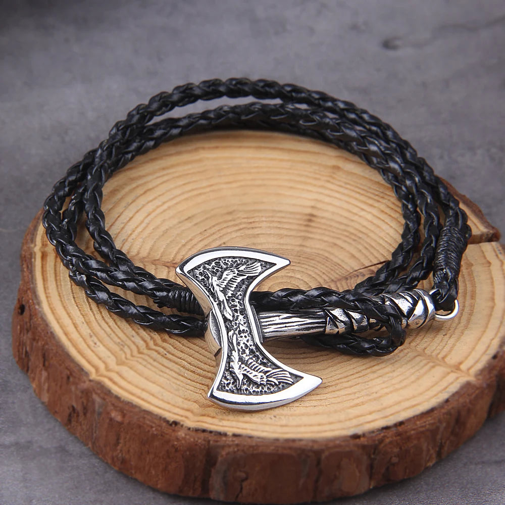 Norse Hatchet Multi-layer Leather Bracelets Men Stainless Steel Vikings Axe Wristband Raven Amulet Self-defense Handmade Jewelry