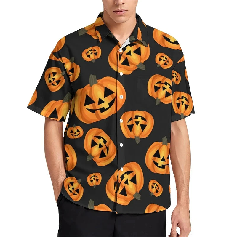 Funny Pumpkin Candy Graphic Blouses Fashion Halloween Gift 3D Printed Beach Shirts Streetwear Boy Short Sleeve Button Male Tops