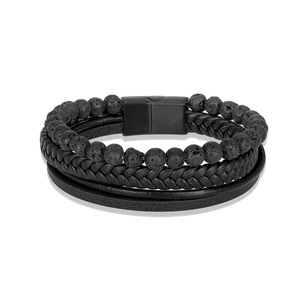 MKENDN Volcanic Stone Beaded Mutilayer Leather Bracelet for Men Charm Stainless Steel Magnetic Clasp Wrap Bangle Jewelry Gifts