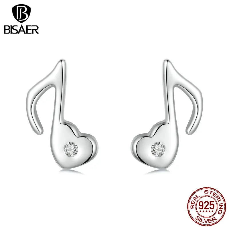 BISAER 925 Sterling Silver Mini Heart Note Stud Earring Plated White Gold For Music Lover Party  Original Design Fine Jewelry