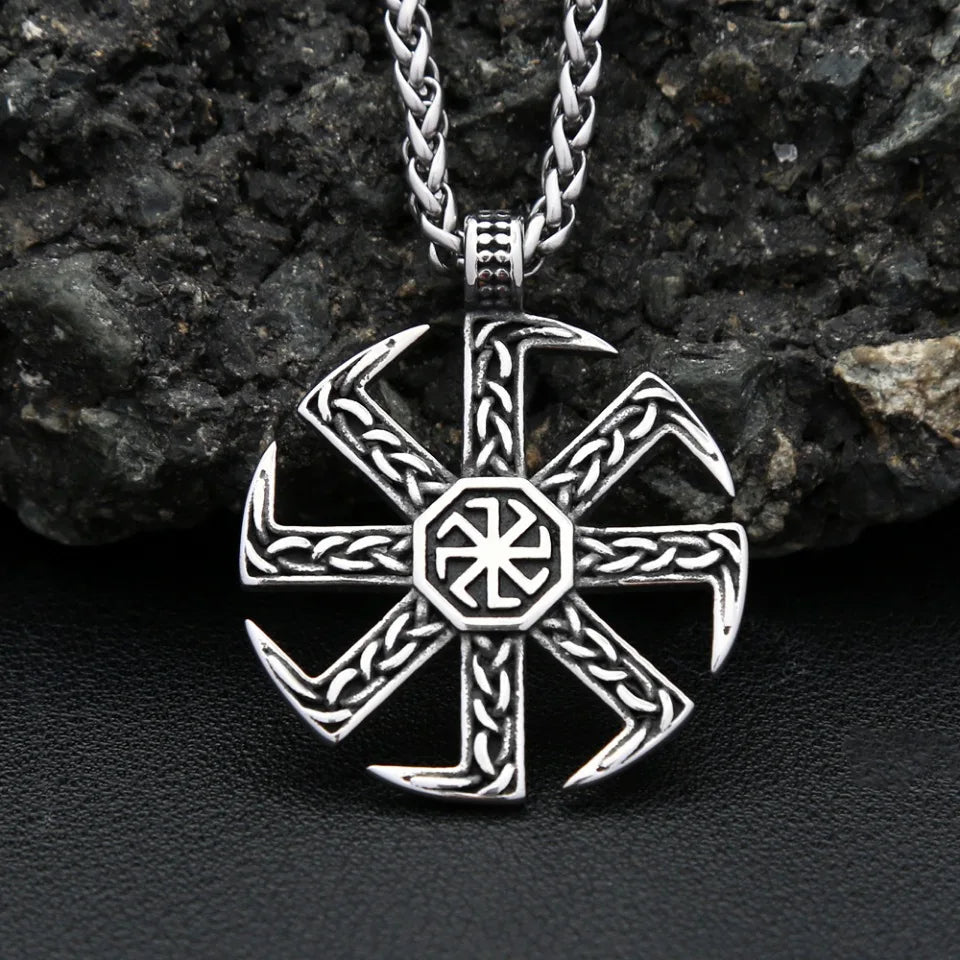 Vintage Stainless Steel Slavic Kolovrat Symbol Pendant Necklace Pagan Sun Wheel Necklaces For Men Women Religious Amulet Jewelry