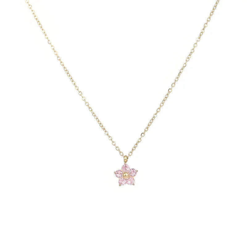 Dainty Waterproof Jewelry Gold Plated Stainless Steel Pink Purple White Cubic Zirconia flower Pendant Necklace for Women Gift