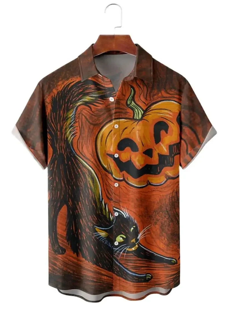 Camisa de manga corta con estampado gráfico de calabaza de Halloween para hombre, camisa de manga corta divertida con estampado retro de elemento de calabaza para fiesta