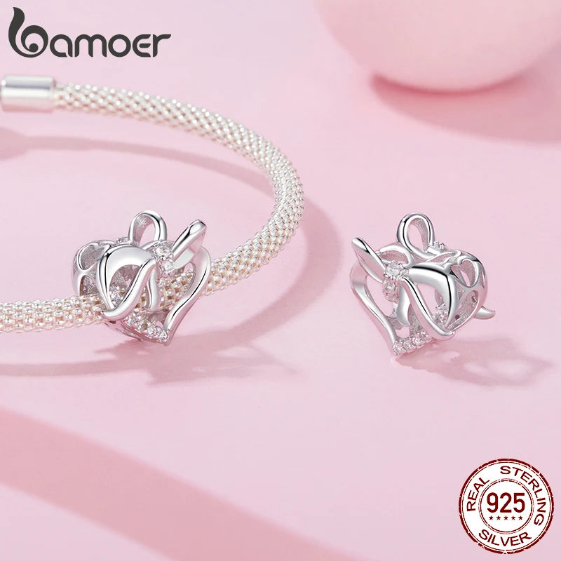 BAMOER 925 Argent Sterling Bowknot Coeur Forme Cadeau Perle Fit Original Bracelet DIY Bamoer Charm pour la Fabrication de Bijoux Cadeau de Noël