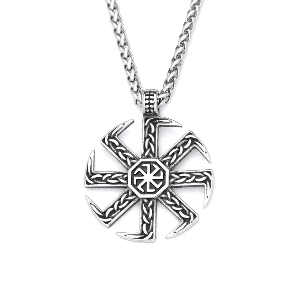 Vintage Stainless Steel Slavic Kolovrat Symbol Pendant Necklace Pagan Sun Wheel Necklaces For Men Women Religious Amulet Jewelry