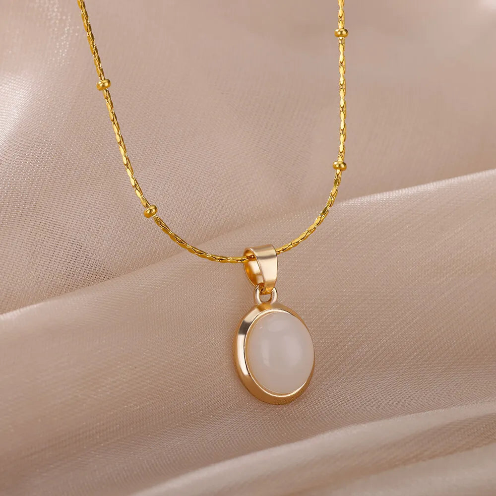 Fashion Stone Opal Oval Necklace For Women Stainless Steel Gold Color Oval Stone Pendant Necklace Wedding Aesthetic Jewelry Gift