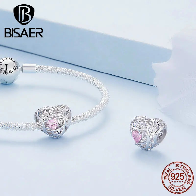 BISAER 925 Sterling Silver Pink Series Charm Heart Safety Chain Bead Pendant Fit Bracelets Mother's Day Lovers Fine Jewelry Gift