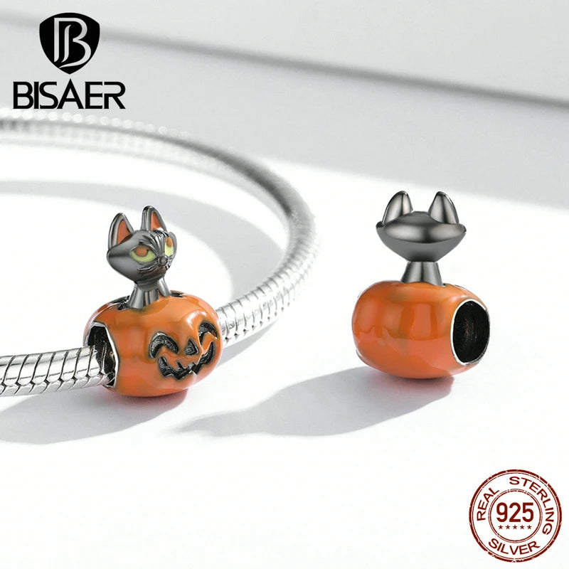 BISAER Halloween Series 100% 925 Sterling Silver Charm Skull Ghost Pumpkin Witch Bead for Woman Bracelet Fine Jewelry ECC1955