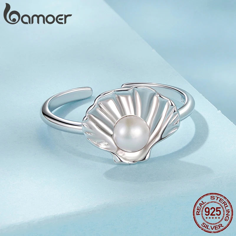 Bague ajustable en argent sterling 925 massif BAMOER avec perle d'eau douce et joli bijou de Noël, cadeau d'anniversaire pour femme SCR1077