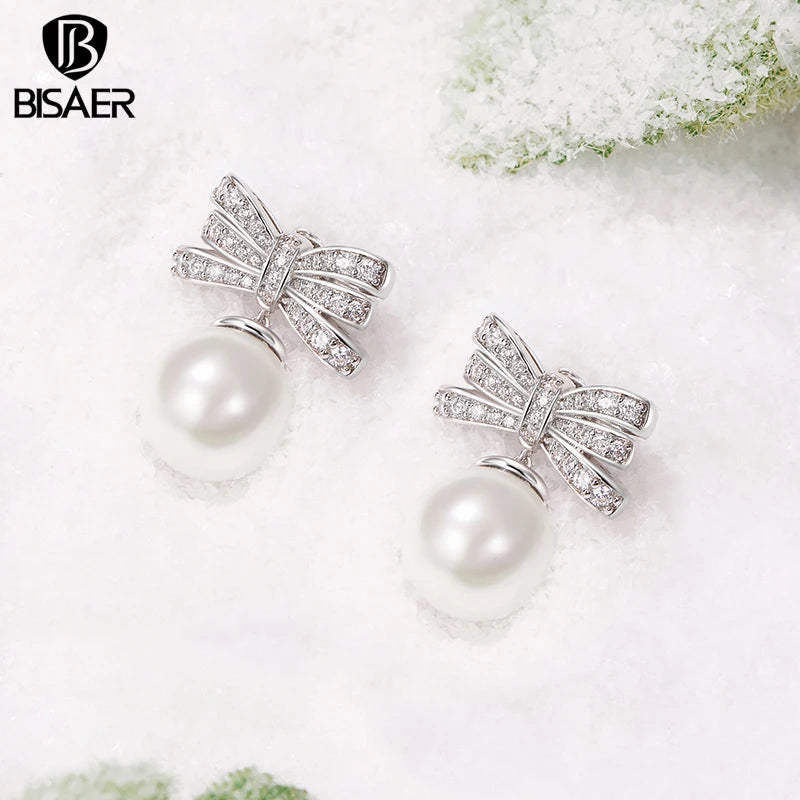 BISAER Classic Bowknot Pearl Stud Earrings Elegant Stud Ear Plated White Gold For Woman Party Engagement Fashion Jewelry YIE247