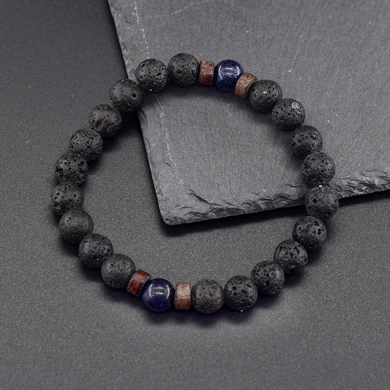 Natural Blue Sandstone Round Beads Bracelet Men Women Vintage Volcanic Stone Jewelry Relieve Anxiety Wristband Birthday Gift