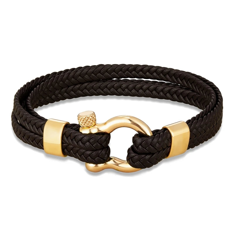 Men Multilayer Woven Leather Bracelet Fashion Stainless Steel Horseshoe Shackle Buckle with Screw Bracelet Jewelry for Women