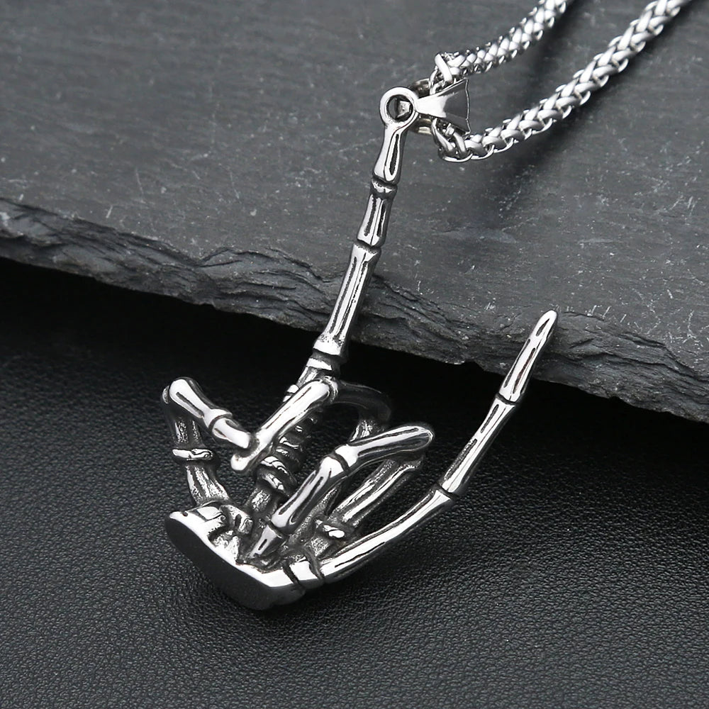 Vintage Gothic Skull Gestures Pendant Necklace For Men Women Punk Hip Hop Stainless Steel Skeleton Rock Necklaces Biker Jewelry