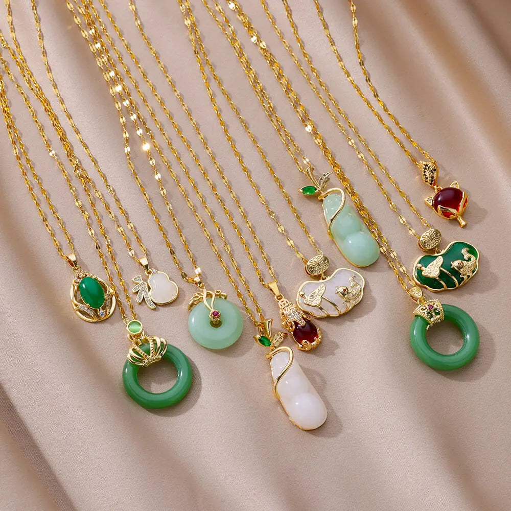 Collier rétro en zircon vert pour femme, couleur or, acier inoxydable, cadenas porte-bonheur, collier rond en jade, bijoux pour enfants, cadeau pour aînés