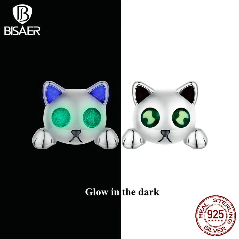 BISAER 925 Sterling Silver Cute Cat Glow-in-the-dark Stud Earrings Luminous Earrings for Women Party Fine Jewelry Gift ECE1643