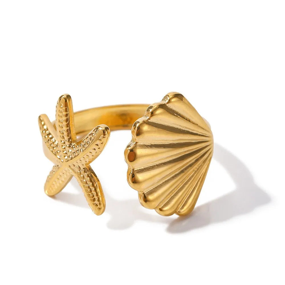 Fashion Starfish Shell Rings For Women Beach Jewelry Stainless Steel Adjustable Ring Souvenir Gift