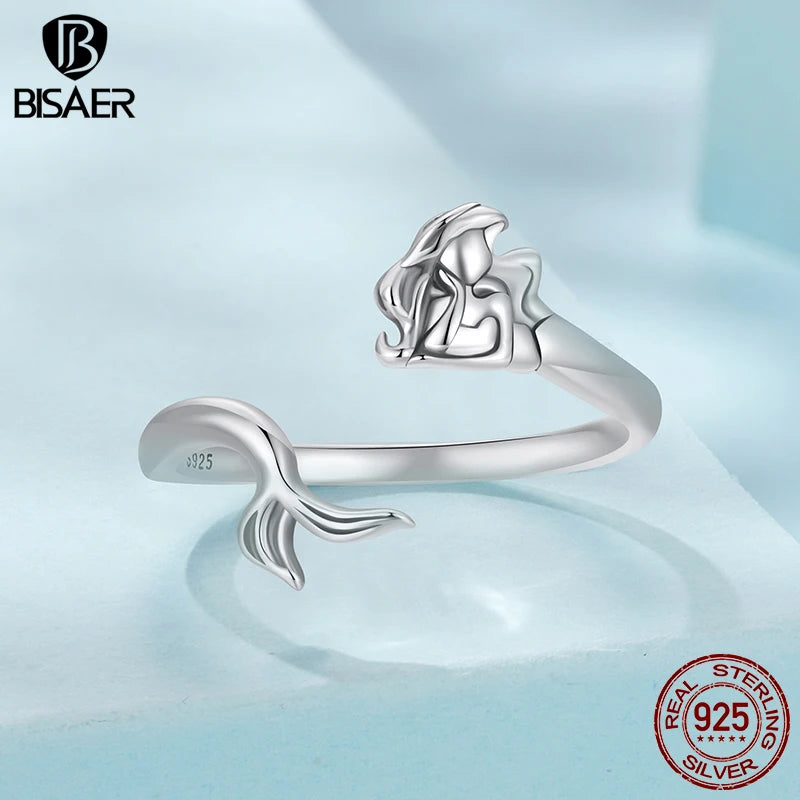 BISAER 100% 925 Sterling Silver Retro Mermaid Open Ring Adjustable Size 5-9 Band for Women Party Fine Jewelry ECR1096-E