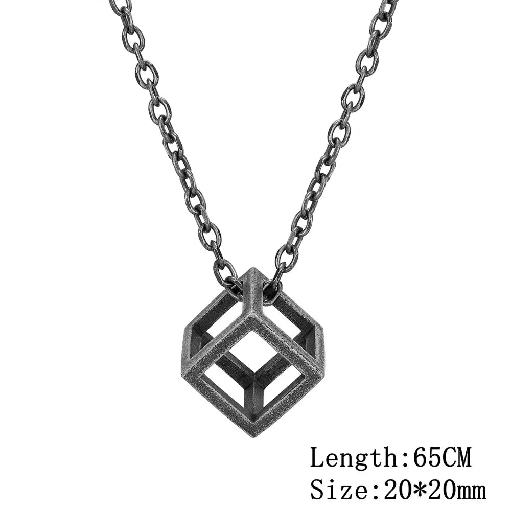 MKENDN Punk Style Vintage Oxidized Black Stainless Steel Openwork Rubik's Cube Pendant Link Chain Necklace For Men Jewelry Gift