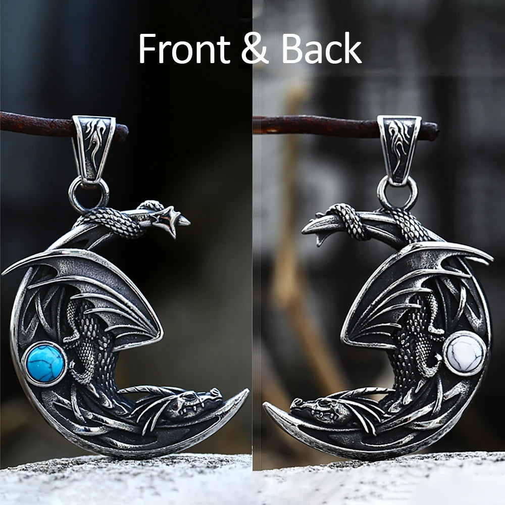 New Vintage Sleeping Dragon On Moon Pendant For Men Women Stainless Steel Natural Stones Necklace Fashion Party Jewelry Gifts