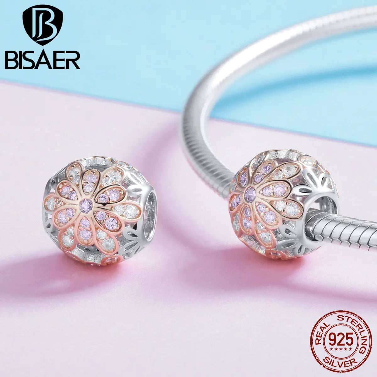 BISAER 925 Sterling Silver Zircon Gradient Charm Bead Lucky Poker Flower Heart-shaped Key Ring Pendant For Original DIY Bracelet