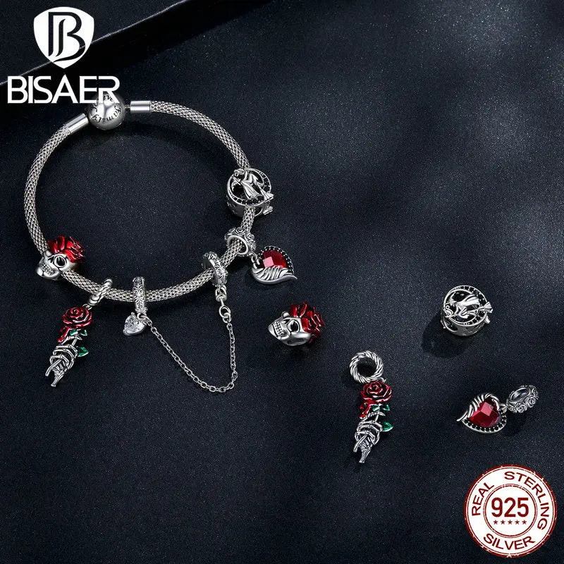 BISAER 925 Argent Sterling Vintage Rose &amp; Crâne Charm Grotesque Alien Pendentifs Coeur Perle Fit Halloween Party DIY Bracelet Bijoux