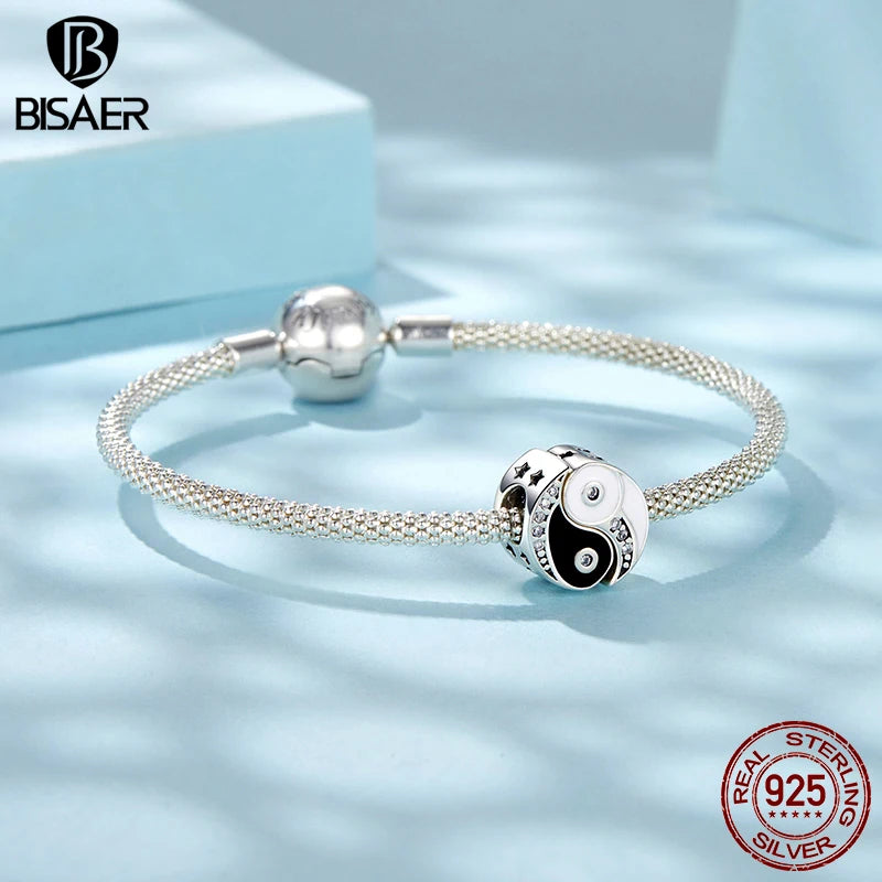 BISAER 925 Sterling Silver Taiji-Bagua Yin & Yang Enamel Process Bead for Women DIY Bracelet & Necklace Fine Jewelry Gift