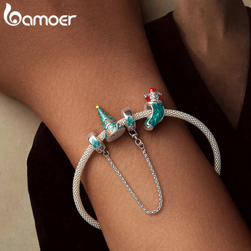 BAMOER 925 Argent Sterling Arbre De Noël Maison Charm Perle Fit Bracelet Original DIY Bamoer Charm pour la Fabrication De Bijoux Cadeau De Noël