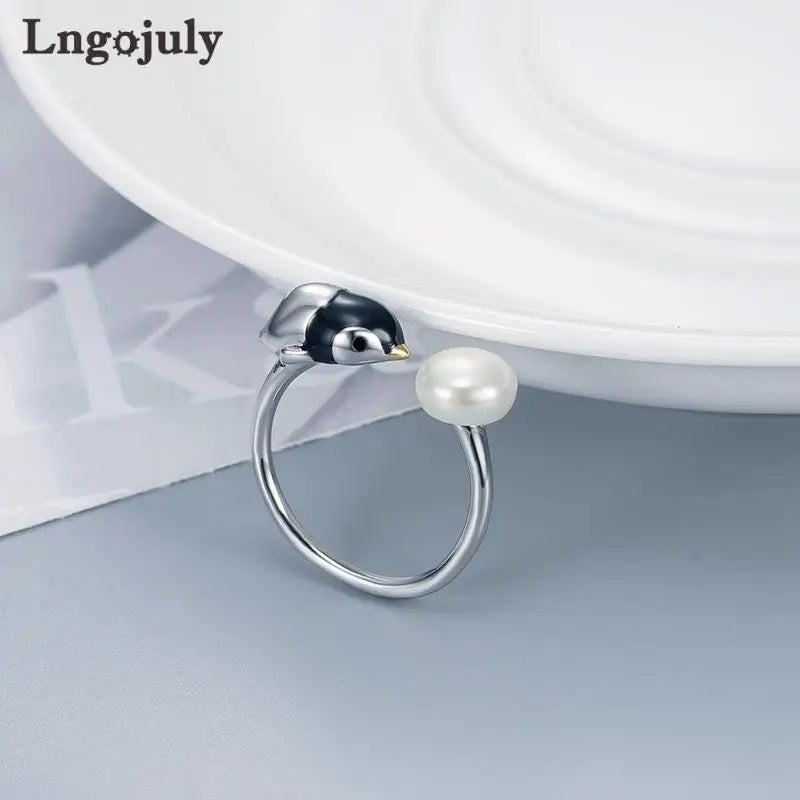 Anillo de pingüino con perla ajustable de plata de ley 925 de joyería fina para mujeres y niñas, regalos de joyería para aniversarios, bodas y fiestas