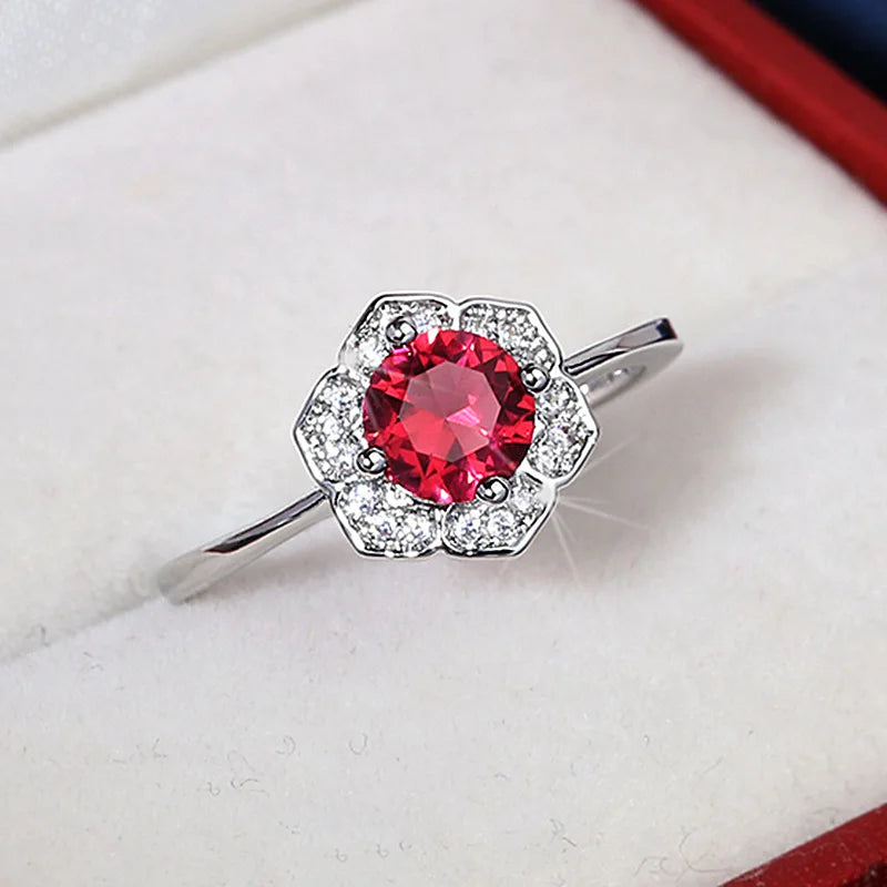 High Quality Garnet Red Round Four Prong Zircon Rings 925 Stamp White Gold Rings Women Wedding Party Jewelry Gifts