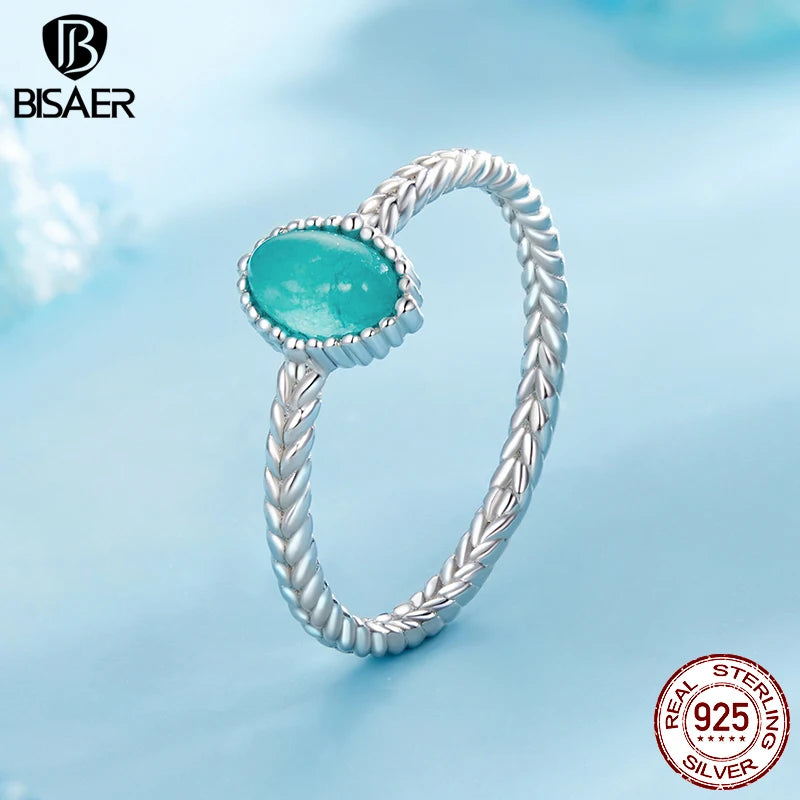 BISAER 925 Sterling Silver Amazonite Solitaire Ring Oval Band Plated White Gold for Elegant Women Party Fine Jewelry EFR624