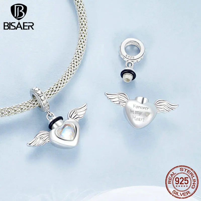 BISAER 925 Sterling Silver Pet Memorial Urn Ashes Pendant Heart Wing Charms Beads for Women DIY Bracelet & Necklace Fine Jewelry