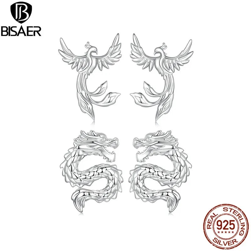 BISAER 925 Sterling Silver Phoenix Stud Flying Dragon Hypoallergenic Earrings Plated White Gold for Women Party Fine Jewelry